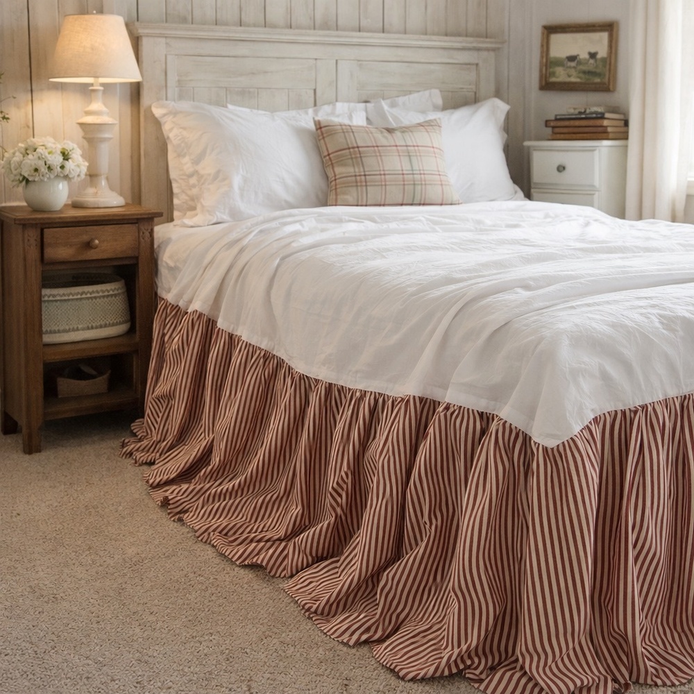 Noble Excellence King Bedskirt – Red Stripe – 100% Cotton, 15” Drop
